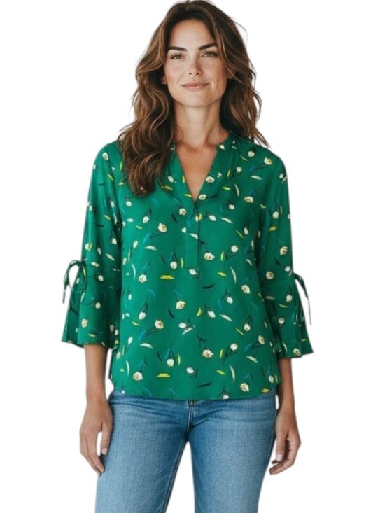41 Hawthorn Tops - 41 Hawthorn Trina Green Floral 3/4 Length Tie Sleeve Blouse Size XS